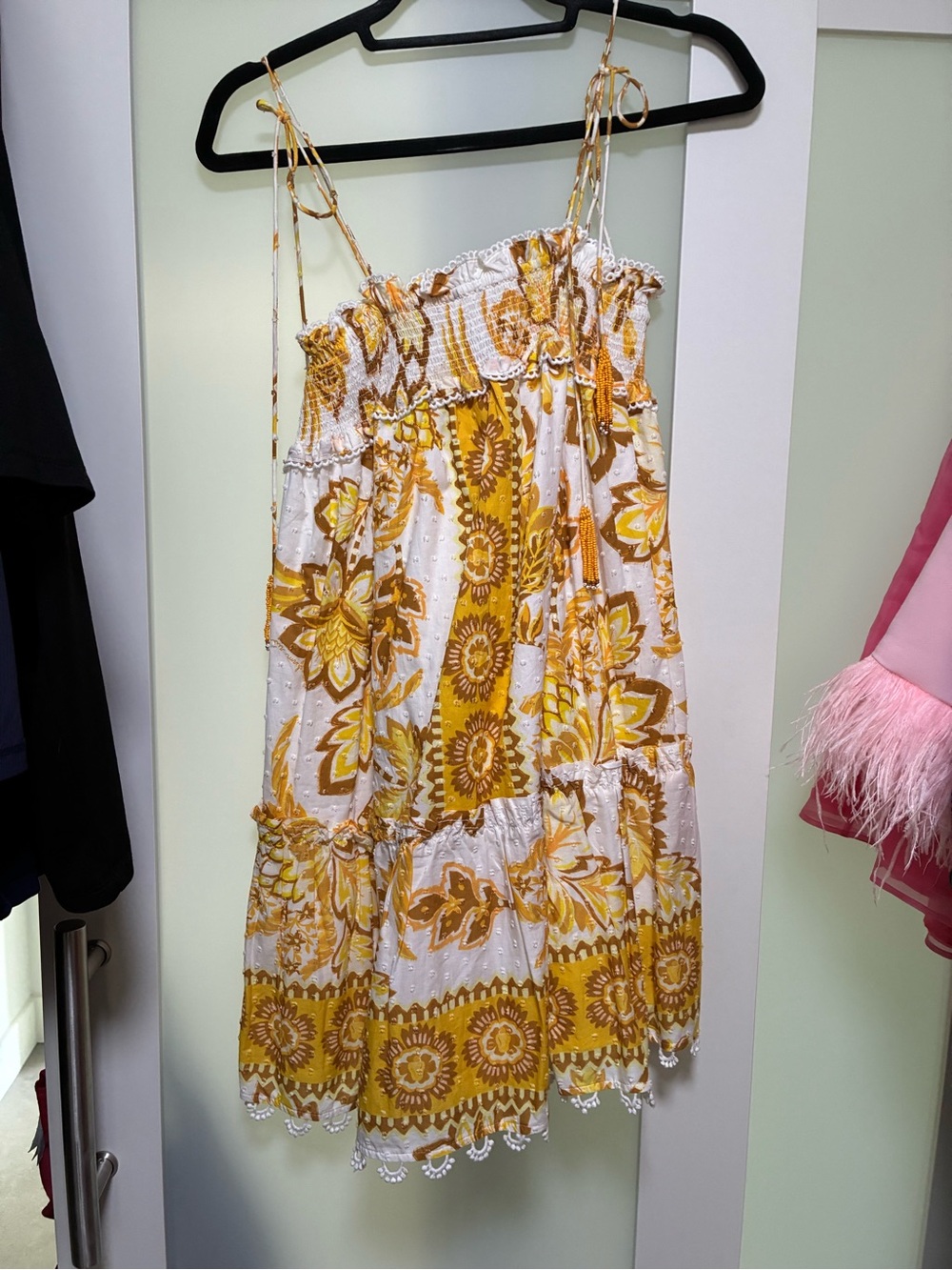 FARM Rio Yellow and White Floral Smocked Mini Dress